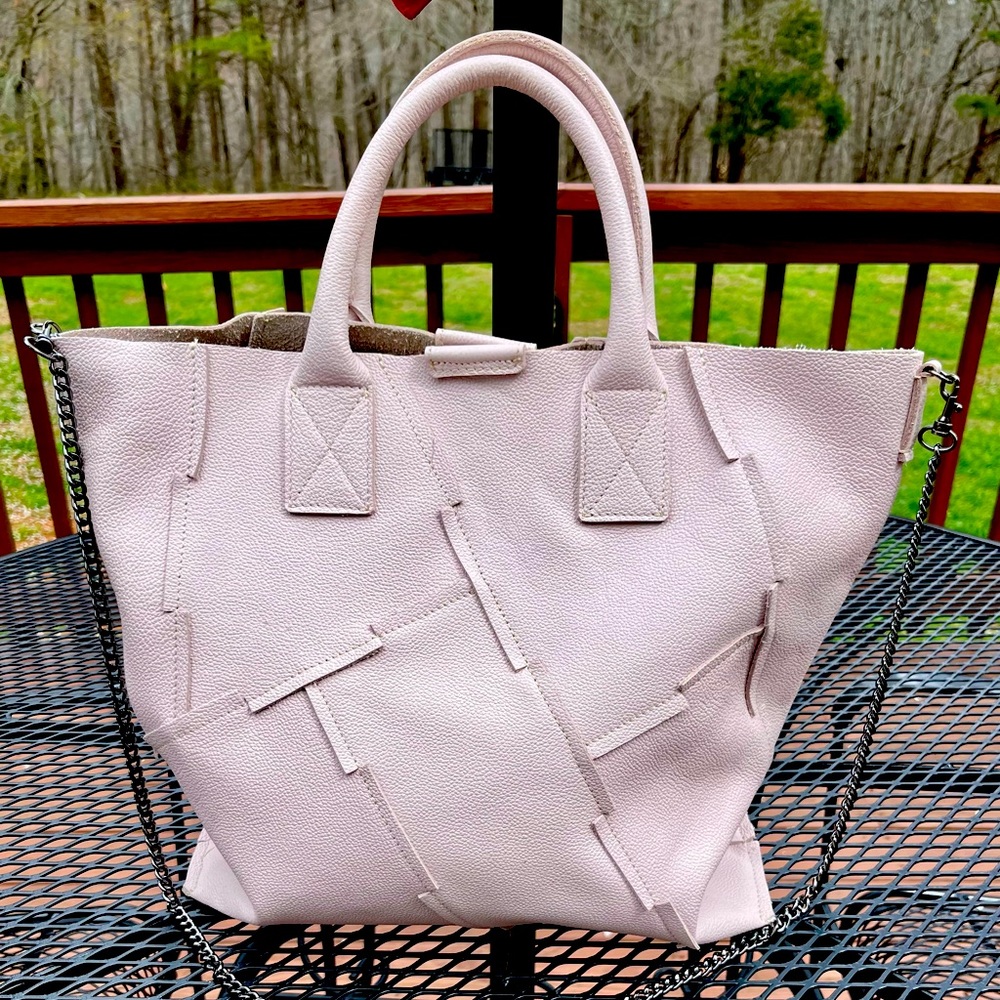 Falor Pink Large Italian Leather Tote Bag with Removable Chain Shoulder Strap